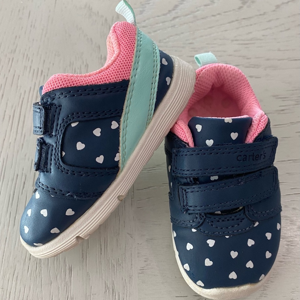 Carter's Infant Baby Navy Blue Heart Slip-on Sneakers Pink Lining Mint Stripe 4